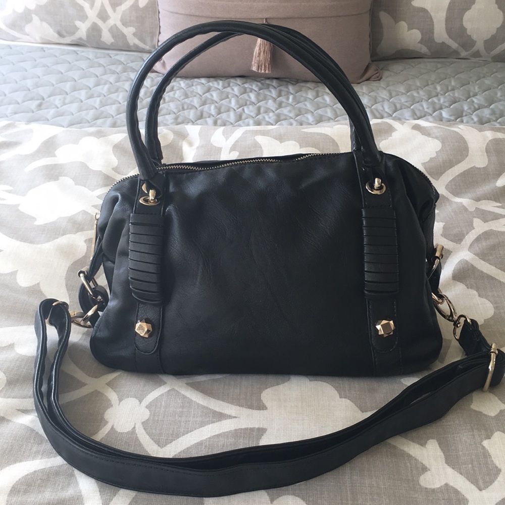 Black satchel purse with gold hardware